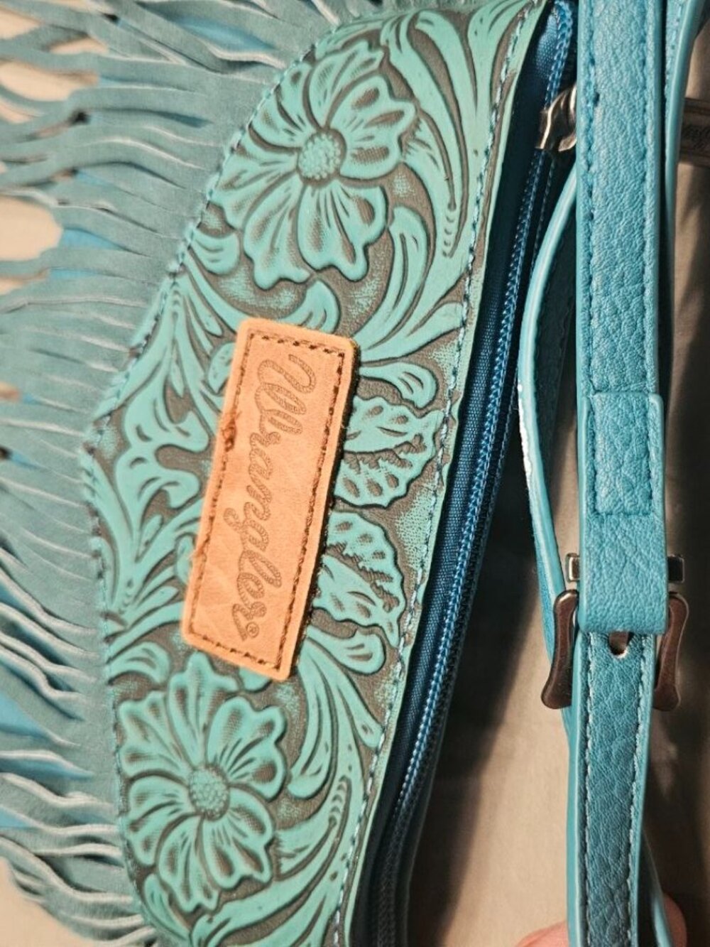 Turquoise Wrangler Crossbody bag features vintage floral tooling and authentic - Picture 6 of 9